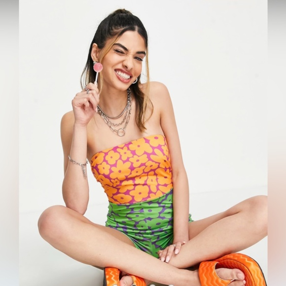 Floral Strapless Jumpsuit - Orange and Green